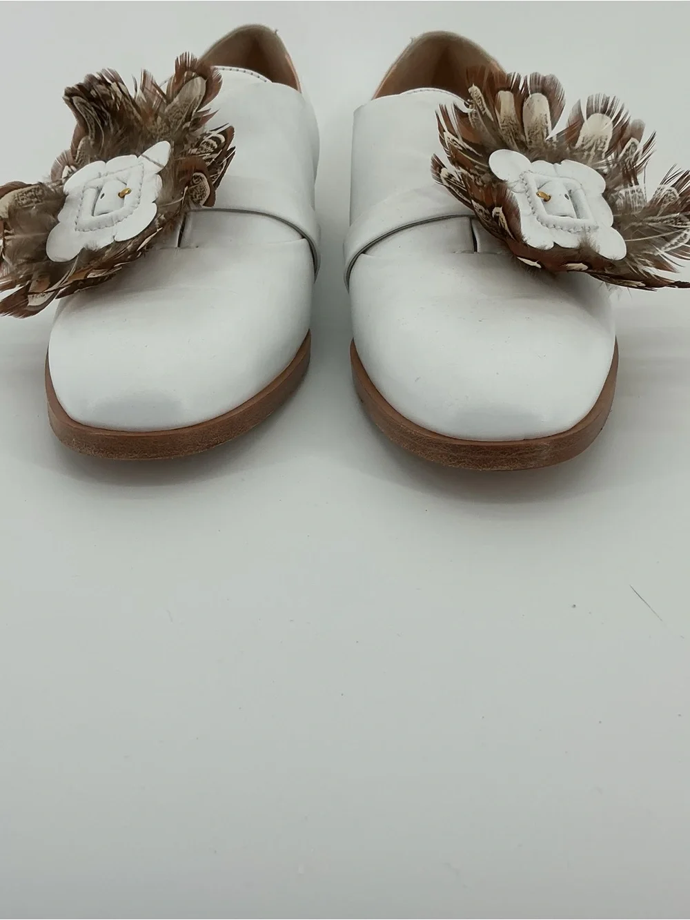 Rupert Sanderson White Leather Feather Embellished Loafers Flats 38